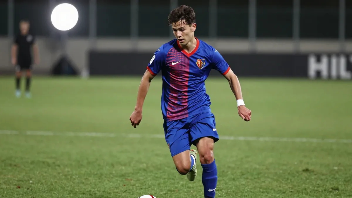 A young player of FC Basel dribbling past the Zurich defense, with a floodlight rim light and a 85mm f/1.4 lens, with a...