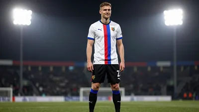A photorealistic image of a 25-year-old, 1.85m tall, male FC Basel player wearing a white jersey with a red and blue...