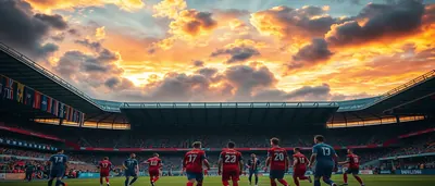 Three dejected strikers in plain red-and-blue kits, shoulders hunched, walking off a rain-slicked stadium pitch under...
