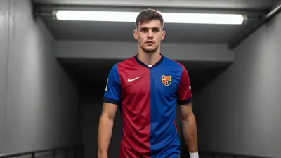 A photorealistic image of a 24-year-old FC Basel winger, dressed in a red and blue jersey made of smooth fabric, with a...