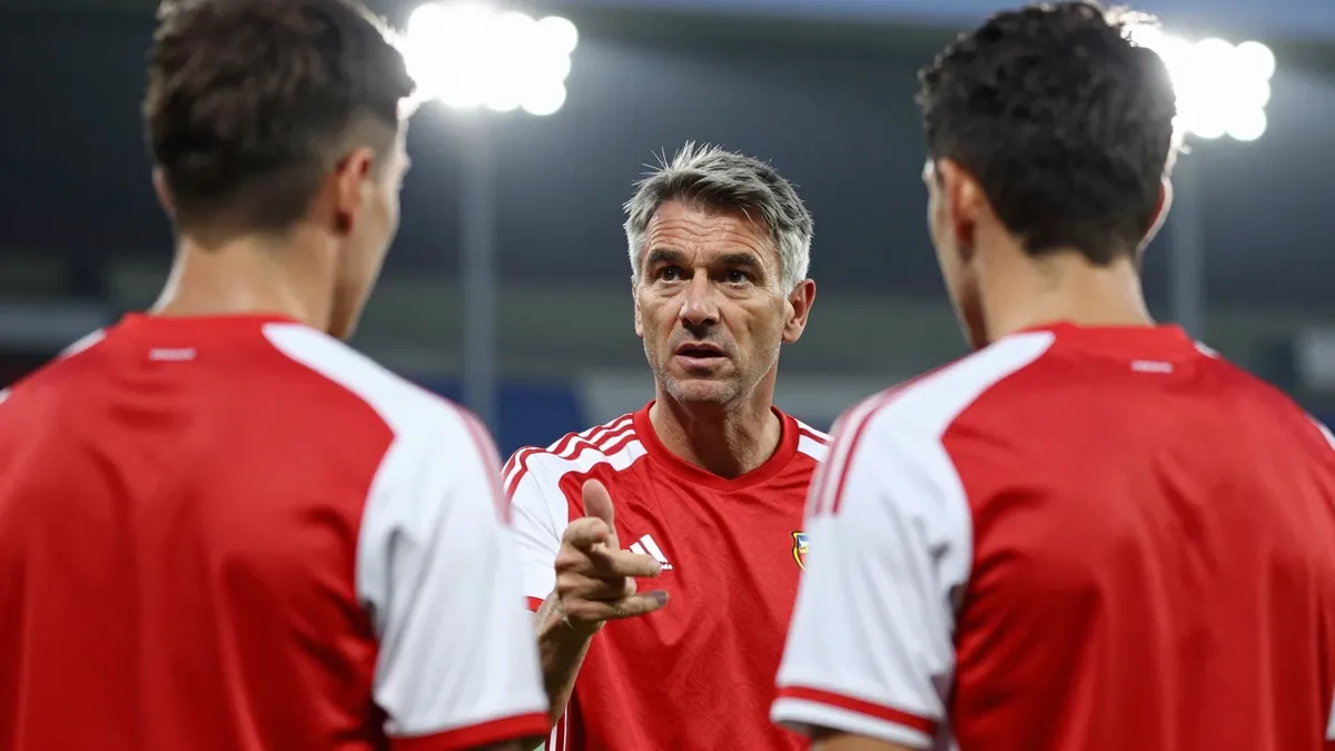 A photorealistic image of an anonymous FC Basel coach in a red jersey with white sleeves, giving instructions to a player...