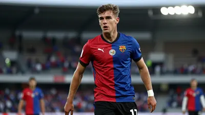 A photorealistic image of an anonymous 20-year-old FC Basel defender in a red and blue jersey, with a white shirt and...