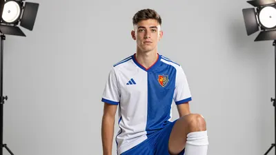 A photorealistic image of an anonymous 22-year-old player in a Basel kit (blue and white) with a white shirt and blue...